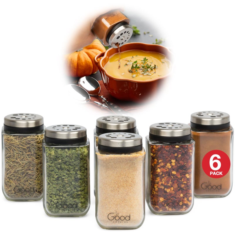 Good Cooking Adjustable Glass Spice Jars (Set of 6) with 6 Pouring Sizes- Stainless Steel Lid/Cap- Square Seasoning Bottle Containers for Minimalist Kitchen Pantry Storage Organization- Fill Shaker w Salt Pepper - Image 1